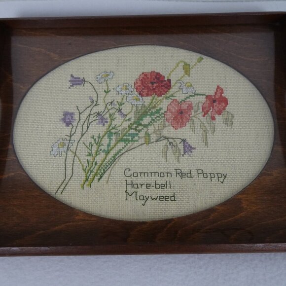 Vintage Wood Serving Tray with Floral Cross Stitch Insert Clear Plastic Overlay - Picture 3 of 9